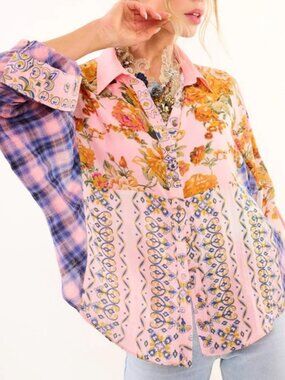 Aratta Silent Journey Boho Floral Plaid Dolman Sleeves Festival Top Size Medium